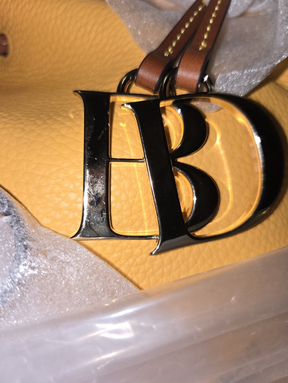 Dooney & Bourke Mustard Yellow Leather Drawstring Hobo with Dark Brown Straps - Picture 7 of 16